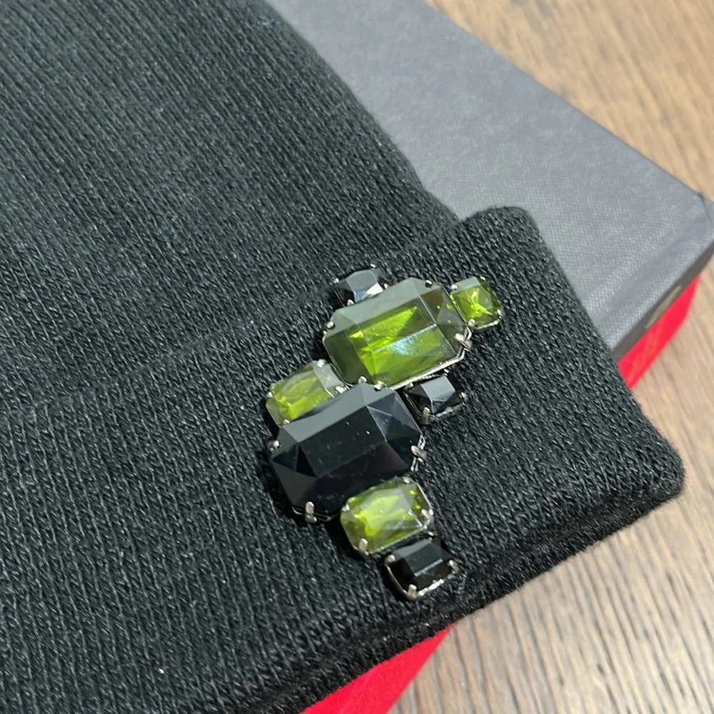 Black Beanie Hat with Black and Green Rhinestone Detail - Picture 3 of 4